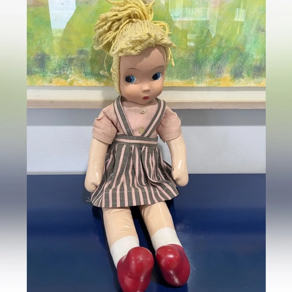 Carnival Plastic Face Cloth Fabric Doll Blonde Yarn Braid Blue Eyes Vintage 60s